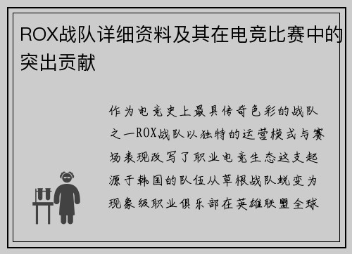 ROX战队详细资料及其在电竞比赛中的突出贡献